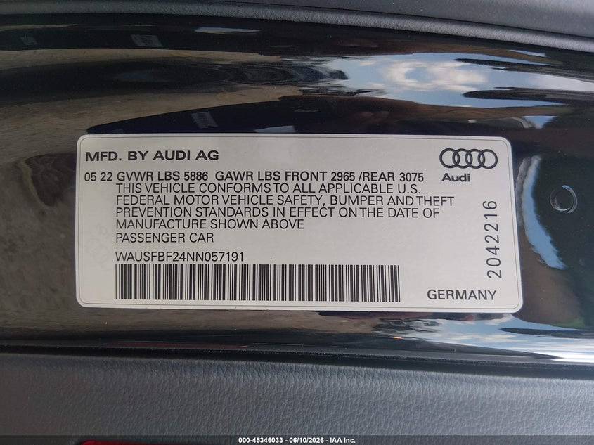 2022 Audi S7 VIN WAUSFBF24NN057191 IAAI salvage auction — FRONT END, Clear (Oklahoma), sold $29,050 on 2026-08-11 (photo 9)