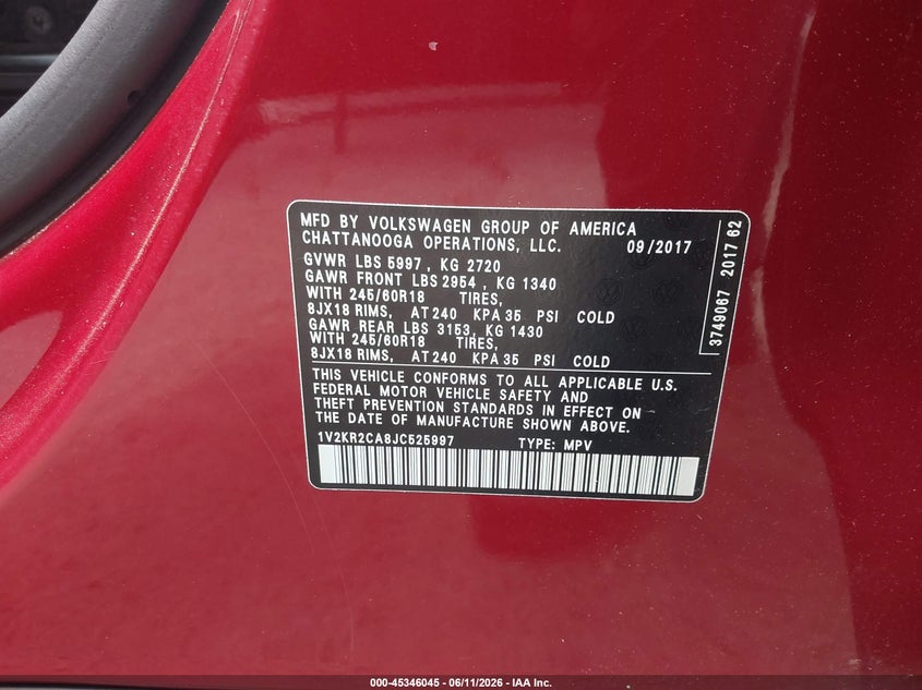 2018 Volkswagen Atlas VIN 1V2KR2CA8JC525997 IAAI salvage auction — FRONT END, Salvage Title, sold $2,250 on 2026-08-06 (photo 9)