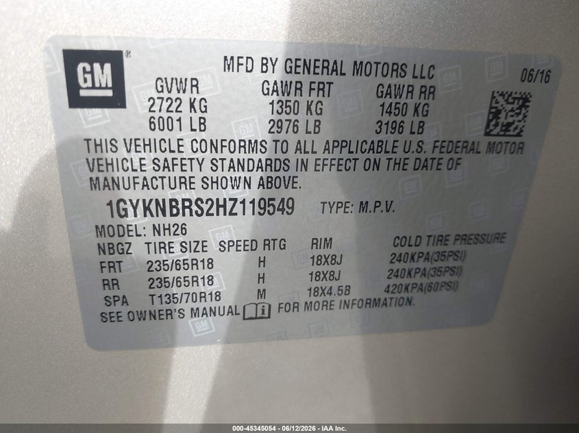 2017 Cadillac Xt5 VIN 1GYKNBRS2HZ119549 IAAI salvage auction — FRONT END, Salvage - 75% Or Less (Maryland), sold $2,550 on 2026-07-10 (photo 9)