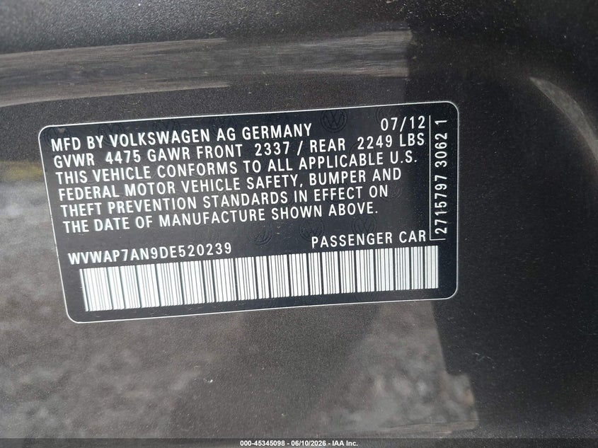 2013 Volkswagen Passat cc VIN WVWAP7AN9DE520239 IAAI salvage auction — FRONT END, Salvage Title, sold $2,500 on 2026-08-07 (photo 9)