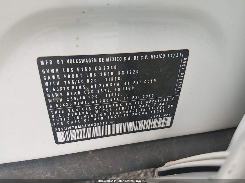 2026 Volkswagen Tiguan VIN 3VVUW7RM1TM039911 IAAI salvage auction — UNKNOWN, Salvage - 75% Or Less (Maryland), sold $18,300 on 2026-08-11 (photo 9)