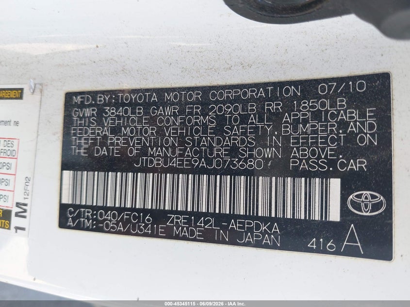 2010 Toyota Corolla VIN JTDBU4EE9AJ073680 IAAI salvage auction — NORMAL WEAR, Clear (Connecticut), sold $1,150 on 2026-07-09 (photo 9)