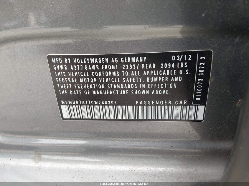 2012 Volkswagen Golf VIN WVWDB7AJ7CW288306 IAAI salvage auction — NORMAL WEAR, Original (Kentucky), sold $950 on 2026-07-20 (photo 9)