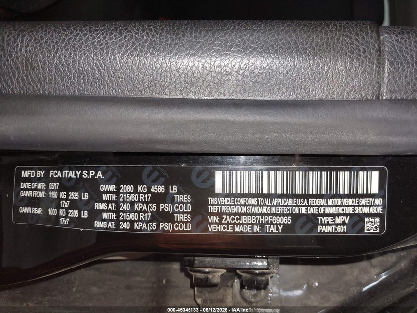 2017 Jeep Renegade VIN ZACCJBBB7HPF69065 IAAI salvage auction — FRONT END, Salvage (North Dakota), sold $700 on 2026-07-30 (photo 9)
