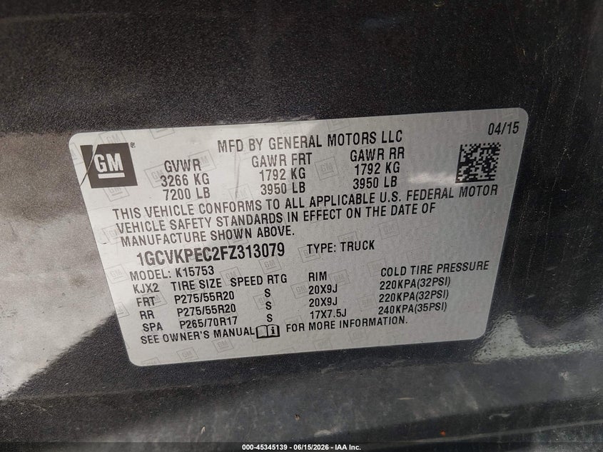 2015 Chevrolet Silverado VIN 1GCVKPEC2FZ313079 IAAI salvage auction — RIGHT FRONT, Salvage (Ohio), sold $4,050 on 2026-07-17 (photo 9)