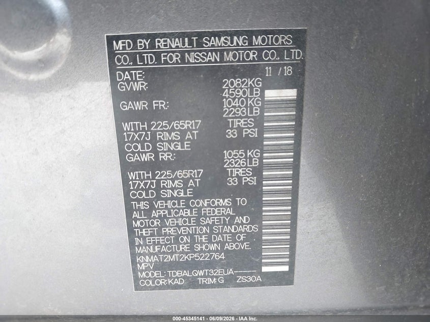 2019 Nissan Rogue VIN KNMAT2MT2KP522764 IAAI salvage auction — REAR END, Salvage (Georgia), sold $3,050 on 2026-07-30 (photo 9)