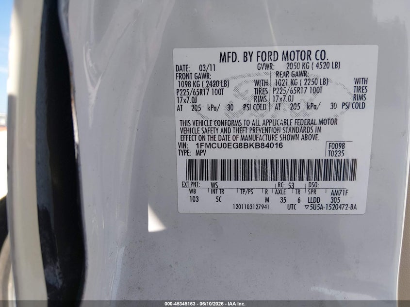 2011 Ford Escape VIN 1FMCU0EG8BKB84016 IAAI salvage auction — LEFT SIDE, Salvage (Illinois), sold $275 on 2026-07-18 (photo 9)