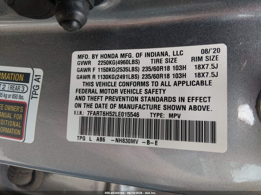 2020 Honda Cr-v VIN 7FART6H52LE015546 IAAI salvage auction — FRONT END, Salvage (Arkansas), sold $7,600 on 2026-07-30 (photo 9)
