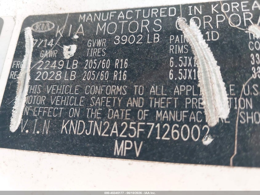 2015 Kia Soul VIN KNDJN2A25F7126002 IAAI salvage auction — NORMAL WEAR, Original (Texas), sold $725 on 2026-07-06 (photo 9)