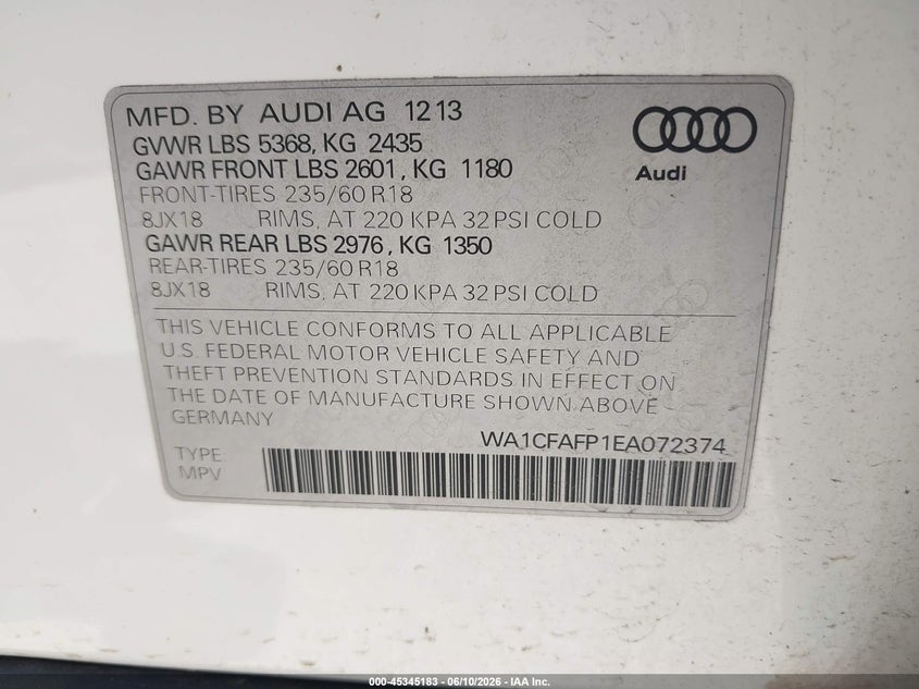 2014 Audi Q5 VIN WA1CFAFP1EA072374 IAAI salvage auction — RIGHT SIDE, Original (Texas), sold $1,200 on 2026-07-15 (photo 9)