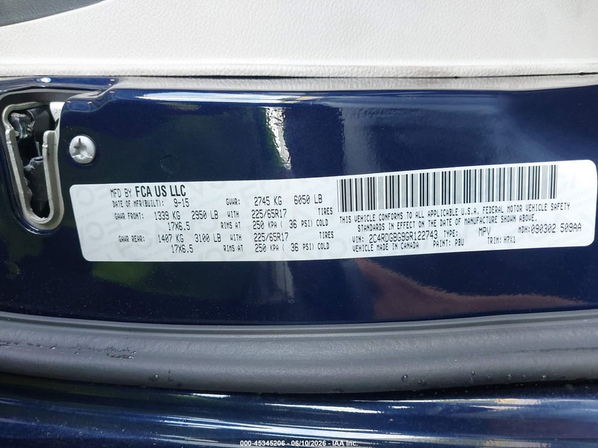 2016 Dodge Grand caravan VIN 2C4RDGBG9GR122743 IAAI salvage auction — NORMAL WEAR, Sf97 (Georgia), sold $10,525 on 2026-08-13 (photo 9)