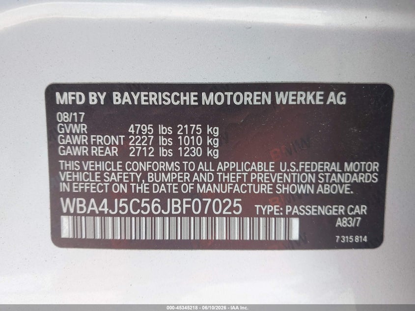 2018 BMW 4er VIN WBA4J5C56JBF07025 IAAI salvage auction — FRONT END, Salvage Title, sold $9,300 on 2026-08-25 (photo 9)