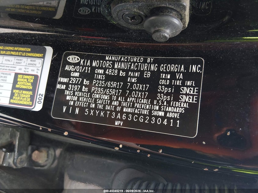 2012 Kia Sorento VIN 5XYKT3A63CG230411 IAAI salvage auction — NORMAL WEAR, Clear (Massachusetts), sold $425 on 2026-07-09 (photo 9)