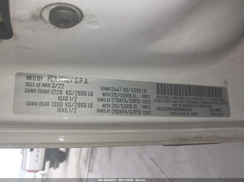 2022 Ram Promaster city VIN ZFBHRFAB3N6W54221 IAAI salvage auction — ENGINE DAMAGE, Salvage Title, sold $1,000 on 2026-07-23 (photo 9)