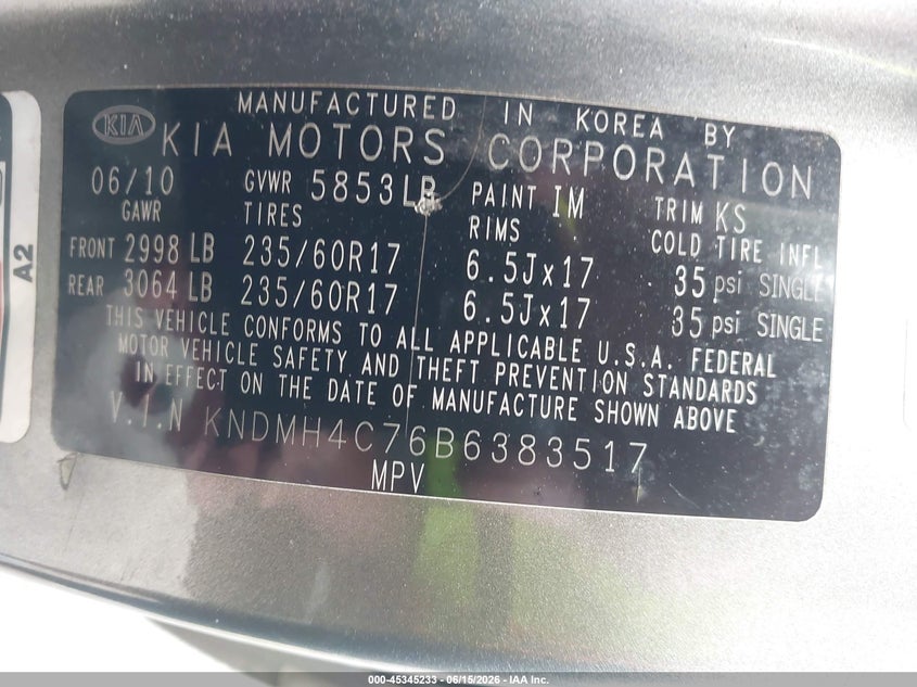 2011 Kia SEDONA VIN KNDMH4C76B6383517 IAAI salvage auction — REAR END, Salvage (Louisiana), sold $200 on 2026-07-07 (photo 9)