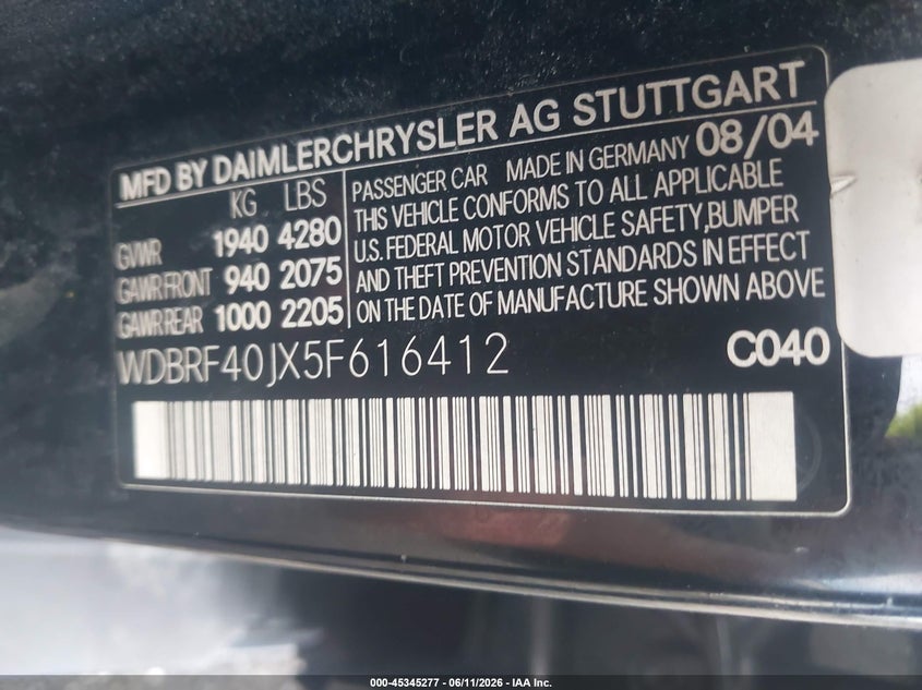 2005 Mercedes-benz C class VIN WDBRF40JX5F616412 IAAI salvage auction — INTERIOR BURN, Salvage - Greater Than 75% (Maryland), sold $225 on 2026-07-06 (photo 9)
