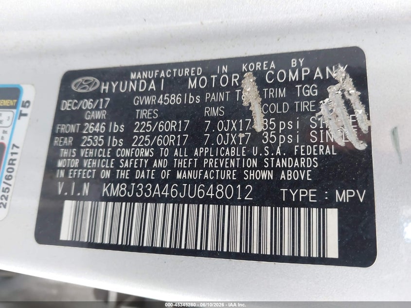 2018 Hyundai Tucson VIN KM8J33A46JU648012 IAAI salvage auction — FRONT END, Salvage (Pennsylvania), sold $2,750 on 2026-07-28 (photo 9)