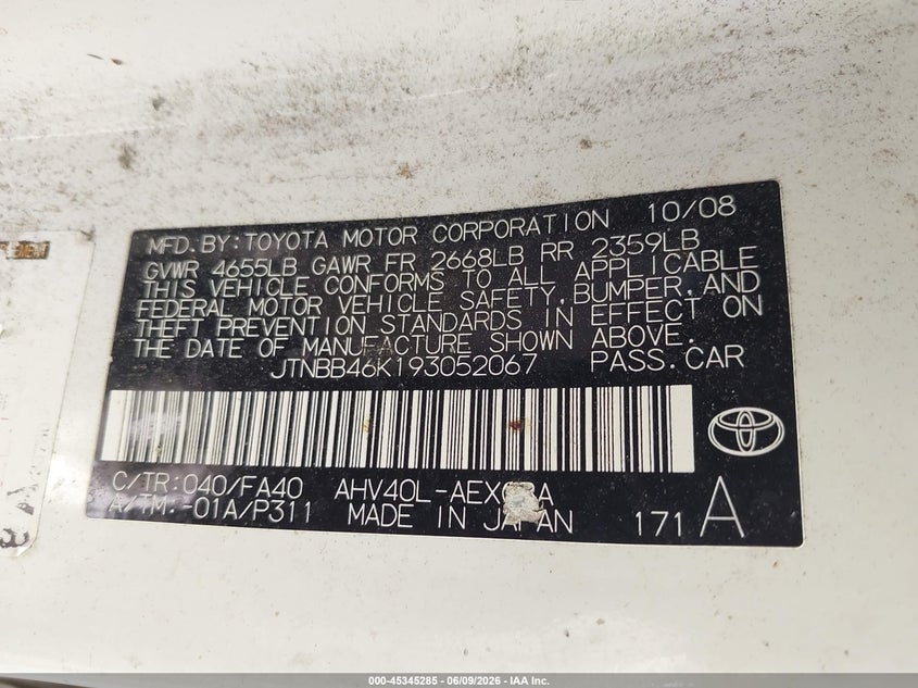 2009 Toyota Camry VIN JTNBB46K193052067 IAAI salvage auction — NORMAL WEAR, Clear (Virginia), sold $325 on 2026-07-16 (photo 9)