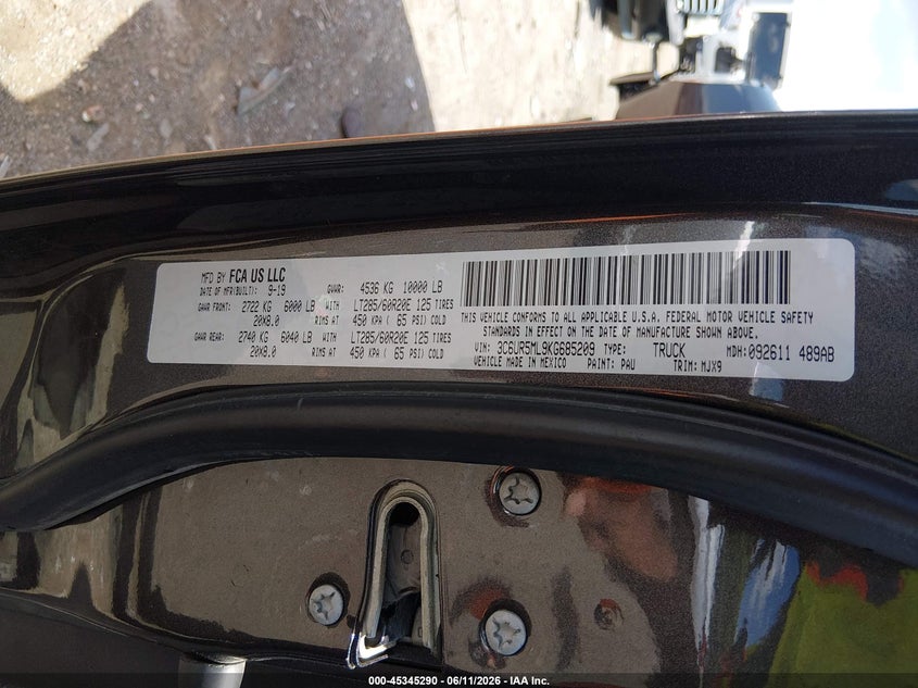 2019 Ram 2500 VIN 3C6UR5ML9KG685209 IAAI salvage auction — FRONT END, Salvage (Tennessee), sold $11,600 on 2026-07-09 (photo 9)