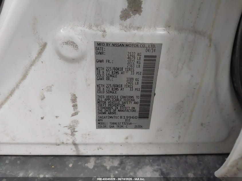 2014 Nissan Rogue VIN 5N1AT2MV7EC819960 IAAI salvage auction — LEFT REAR, Salvage Title, sold $750 on 2026-09-10 (photo 9)