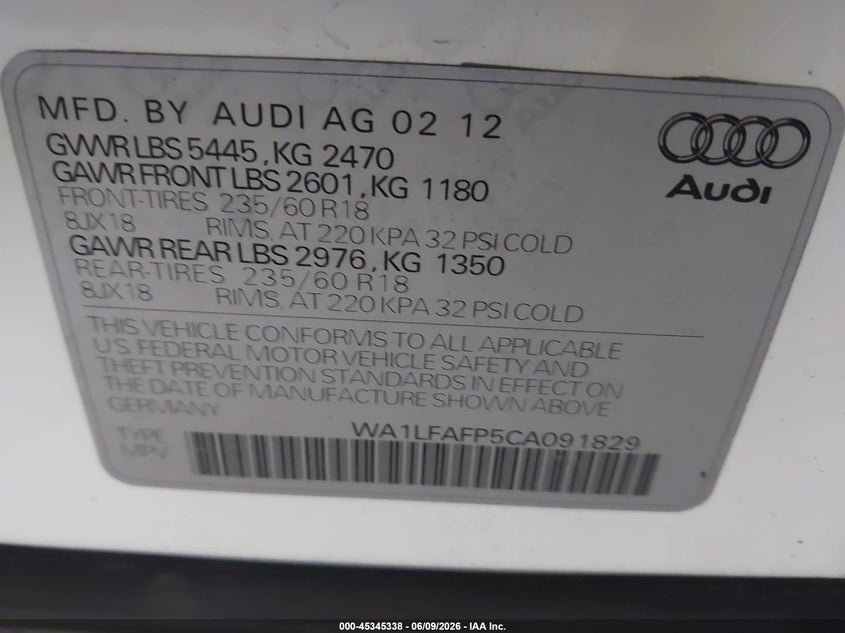 2012 Audi Q5 VIN WA1LFAFP5CA091829 IAAI salvage auction — NORMAL WEAR, Clear (Minnesota), sold $575 on 2026-07-22 (photo 9)