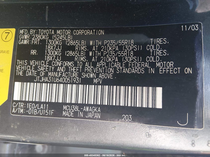 2004 Lexus Rx 330 VIN JTJHA31U640051931 IAAI salvage auction — NORMAL WEAR, Clear (Arkansas), sold $1,050 on 2026-07-15 (photo 9)