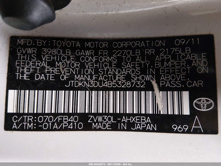 2011 Toyota Prius VIN JTDKN3DU4B5328732 IAAI salvage auction — FRONT END, Salvage (Iowa), sold $1,600 on 2026-08-01 (photo 9)