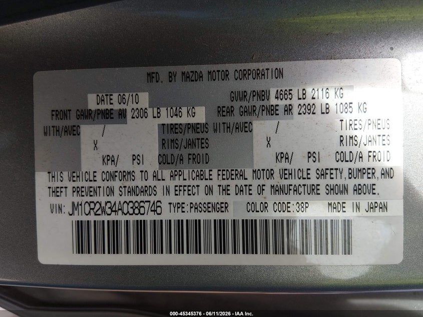 2010 Mazda 5 VIN JM1CR2W34A0386746 IAAI salvage auction — HAIL, Original (Texas), sold $1,450 on 2026-07-21 (photo 9)