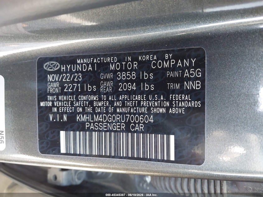 2024 Hyundai Elantra VIN KMHLM4DG0RU700604 IAAI salvage auction — FRONT END, Salvage (Iowa), sold $2,650 on 2026-07-27 (photo 9)