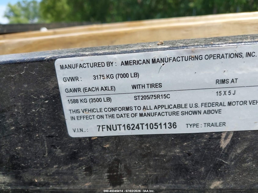 2026 American trailer manufact Other VIN 7FNUT1624T1051136 IAAI salvage auction — SIDE, Scrap (Michigan), sold $75 on 2026-07-27 (photo 9)