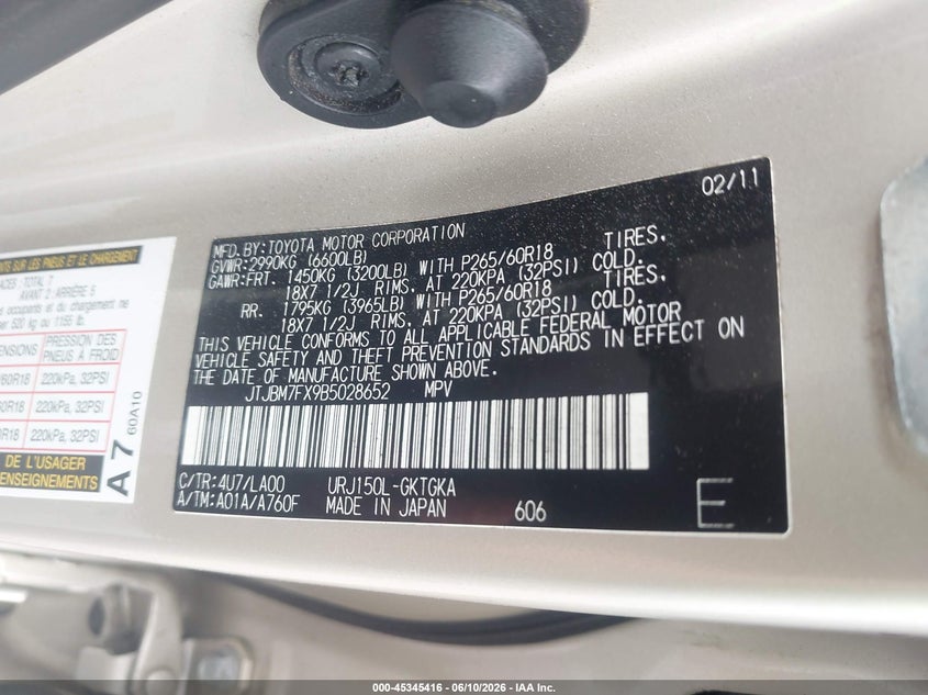 2011 Lexus Gx 460 VIN JTJBM7FX9B5028652 IAAI salvage auction — RIGHT SIDE, Salvage (Georgia), sold $9,150 on 2026-07-14 (photo 9)