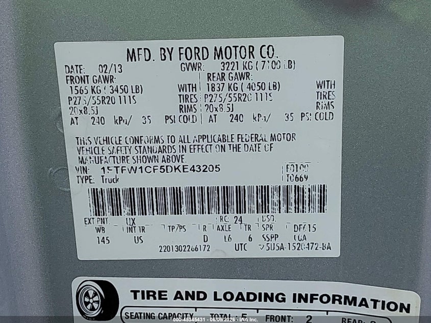 2013 Ford F-150 VIN 1FTFW1CF5DKE43205 IAAI salvage auction — REAR END, Rebuildable (Florida), sold $3,000 on 2026-07-10 (photo 9)