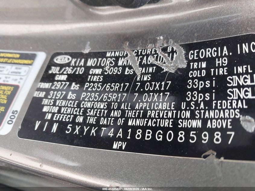 2011 Kia Sorento VIN 5XYKT4A18BG085987 IAAI salvage auction — NORMAL WEAR, Clear (Florida), sold $425 on 2026-07-22 (photo 9)