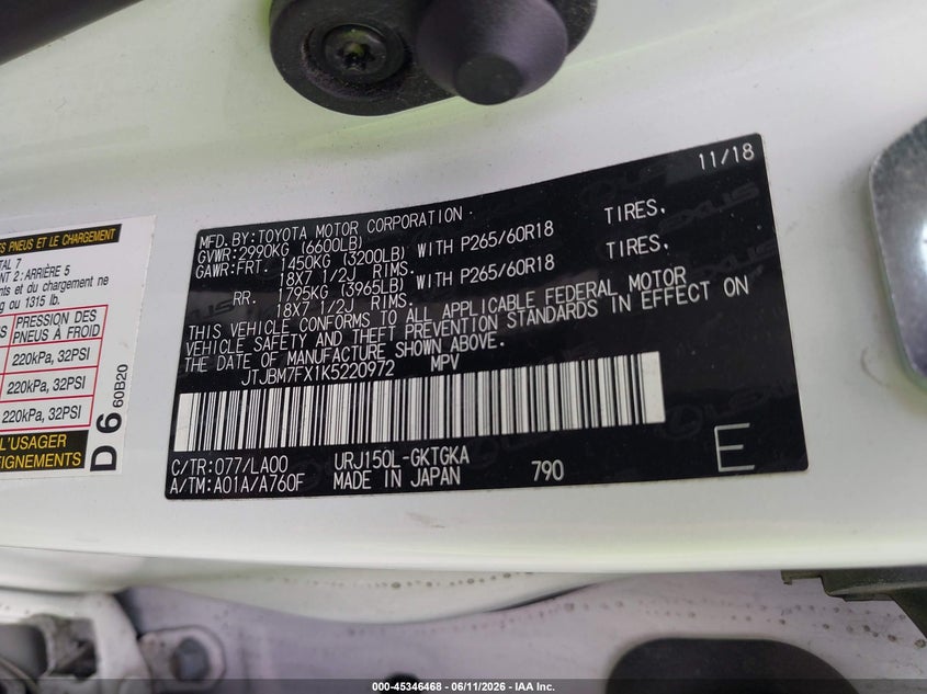 2019 Lexus Gx VIN JTJBM7FX1K5220972 IAAI salvage auction — ALL OVER, Clear (Michigan), sold $6,800 on 2026-07-30 (photo 9)
