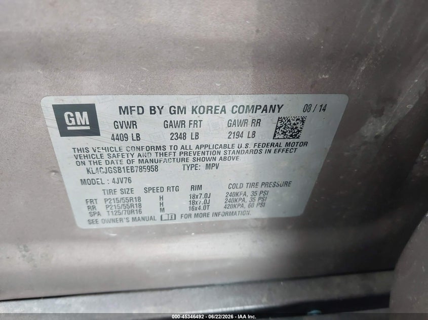 2014 Buick Encore VIN KL4CJGSB1EB785958 IAAI salvage auction — Unknown, Wait Title, sold $800 on 2026-09-02 (photo 9)