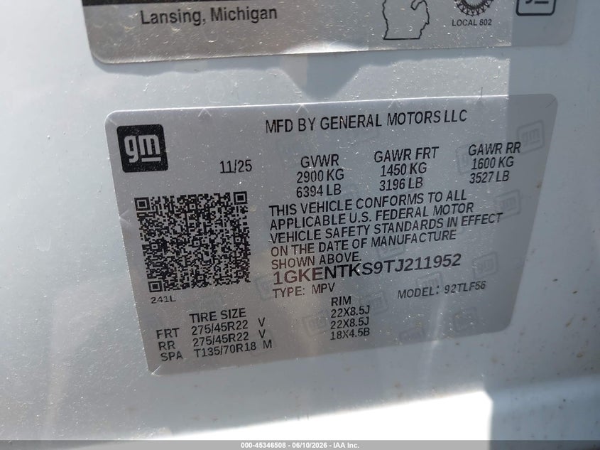 2026 Gmc Acadia VIN 1GKENTKS9TJ211952 IAAI salvage auction — FRONT END, Salvage Title, sold $14,100 on 2026-07-23 (photo 9)
