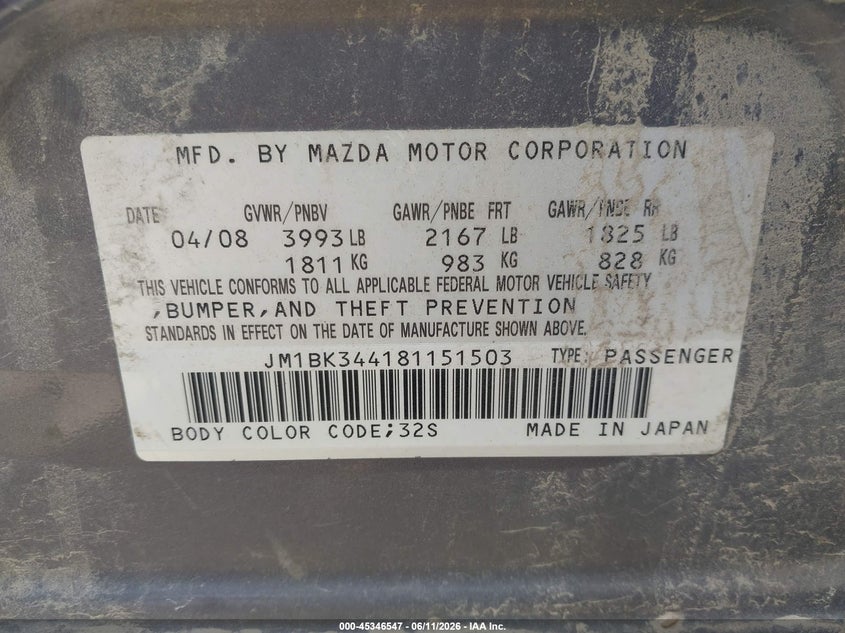 2008 Mazda 3 VIN JM1BK344181151503 IAAI salvage auction — FRONT END, Salvage (Missouri), sold $475 on 2026-07-22 (photo 9)