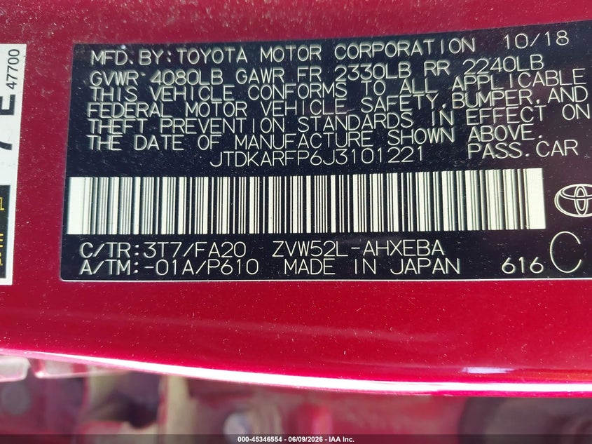 2018 Toyota VIN JTDKARFP6J3101221 IAAI salvage auction — BIO HAZARD, Salvage (Maine), sold $7,100 on 2026-07-13 (photo 9)