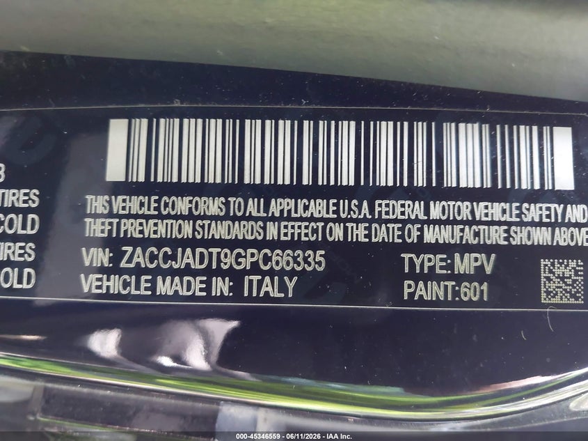 2016 Jeep Renegade VIN ZACCJADT9GPC66335 IAAI salvage auction — VANDALISM, Wait Title, sold $875 on 2026-08-11 (photo 9)