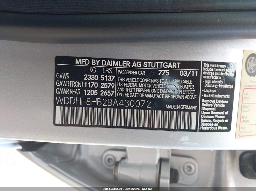 2011 Mercedes-benz E-class VIN WDDHF8HB2BA430072 IAAI salvage auction — FRONT END, Repossession Paperwork (South Carolina), sold $1,225 on 2026-08-12 (photo 9)