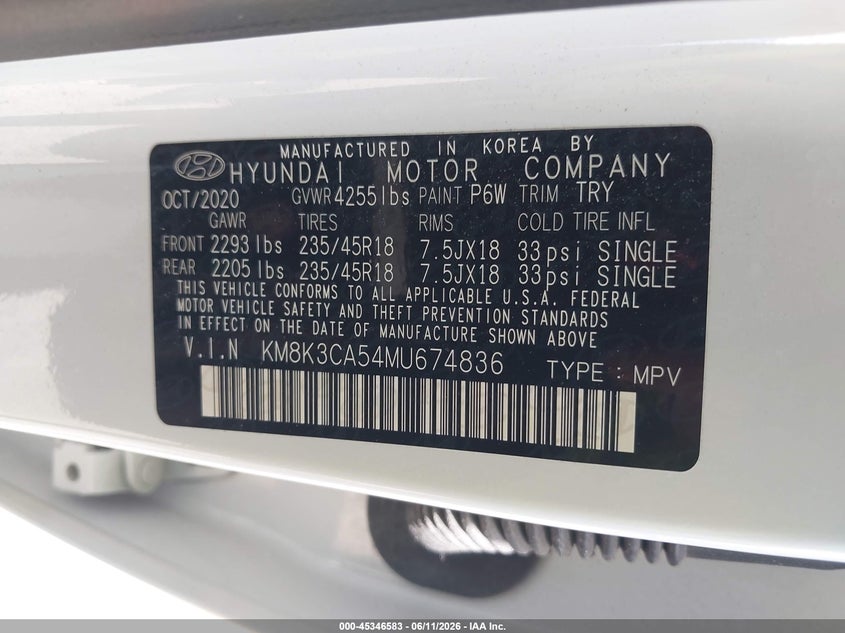 2021 Hyundai Kona VIN KM8K3CA54MU674836 IAAI salvage auction — FRONT END, Salvage Title, sold $4,850 on 2026-07-29 (photo 9)