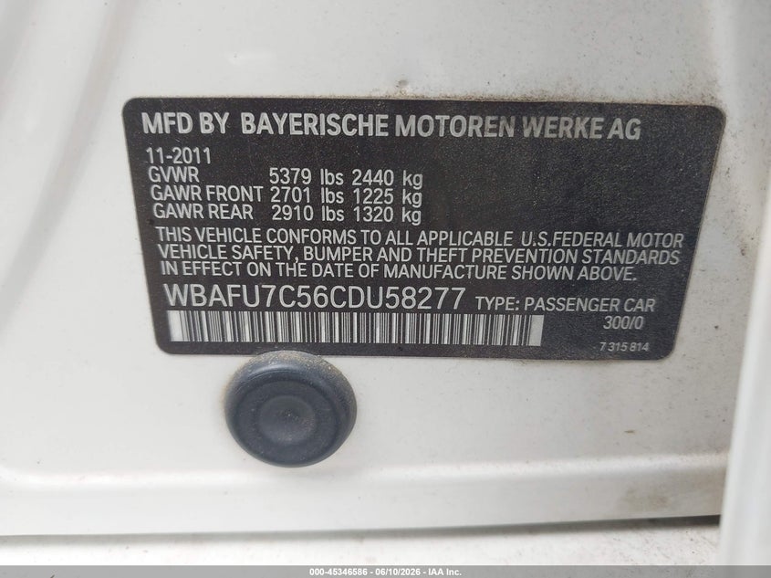 2012 BMW 5er VIN WBAFU7C56CDU58277 IAAI salvage auction — FRONT END, Clear (Virginia), sold $1,200 on 2026-07-13 (photo 9)