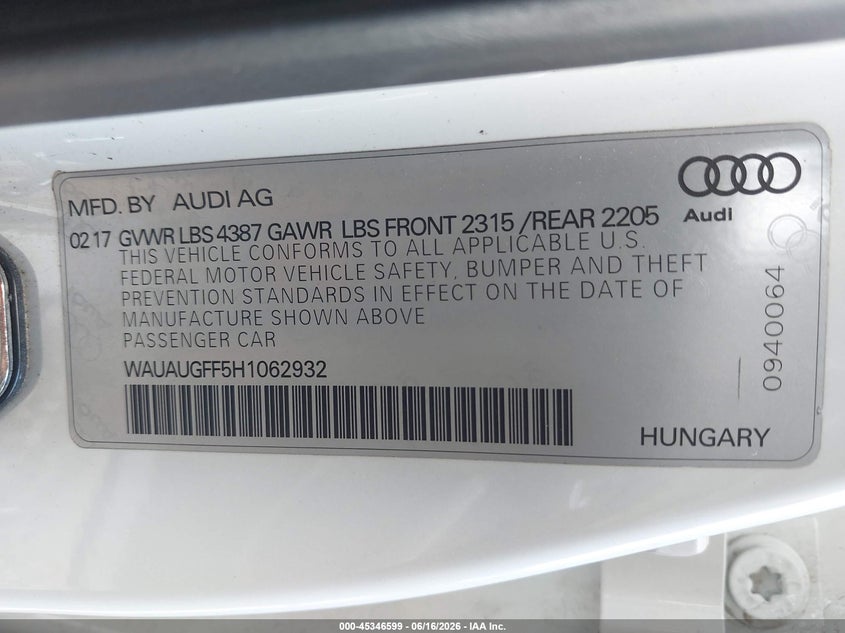 2017 Audi A3 VIN WAUAUGFF5H1062932 IAAI salvage auction — REAR END, Salvage (Ohio), sold $3,125 on 2026-07-08 (photo 9)