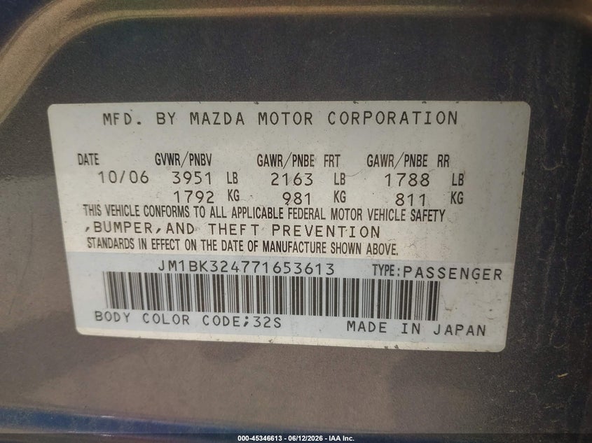 2007 Mazda 3 VIN JM1BK324771653613 IAAI salvage auction — FRONT END, Salvage (Massachusetts), sold $425 on 2026-07-31 (photo 9)