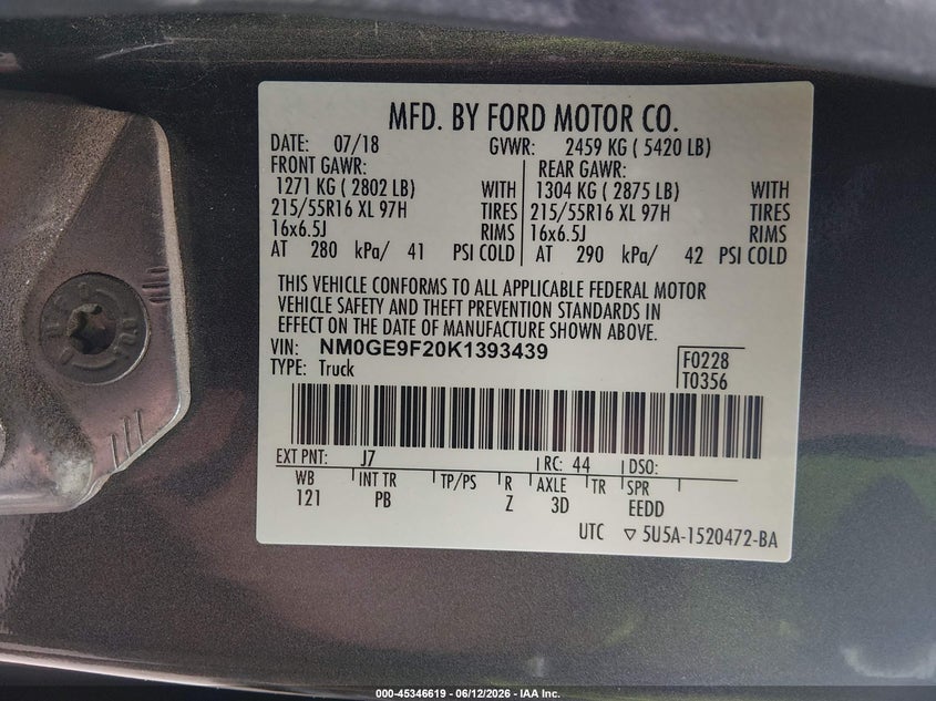 2019 Ford Transit VIN NM0GE9F20K1393439 IAAI salvage auction — FRONT END, Salvage (Pennsylvania), sold $25 on 2026-07-30 (photo 9)