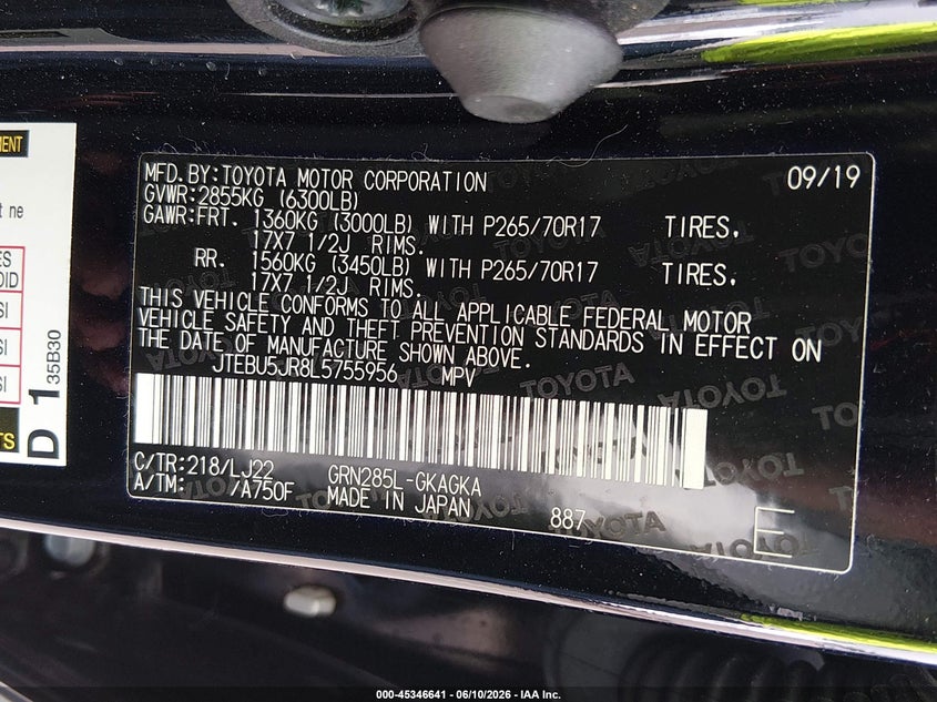 2020 Toyota 4runner VIN JTEBU5JR8L5755956 IAAI salvage auction — FRONT END, Salvage (Connecticut), sold $10,700 on 2026-07-30 (photo 9)