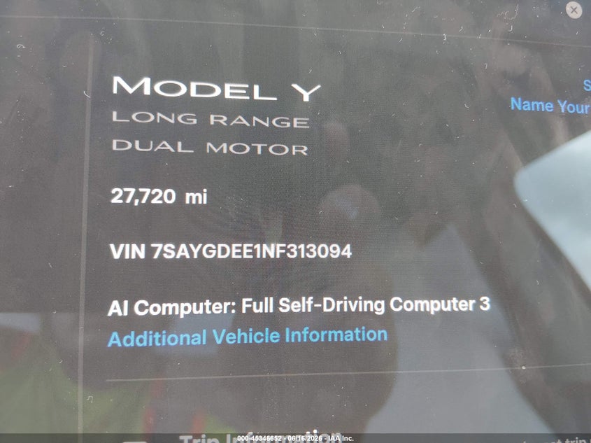 2022 Tesla Model y VIN 7SAYGDEE1NF313094 IAAI salvage auction — REAR END, Salvage (Louisiana), sold $12,600 on 2026-07-15 (photo 7)
