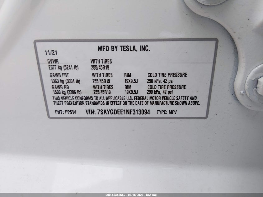 2022 Tesla Model y VIN 7SAYGDEE1NF313094 IAAI salvage auction — REAR END, Salvage (Louisiana), sold $12,600 on 2026-07-15 (photo 9)