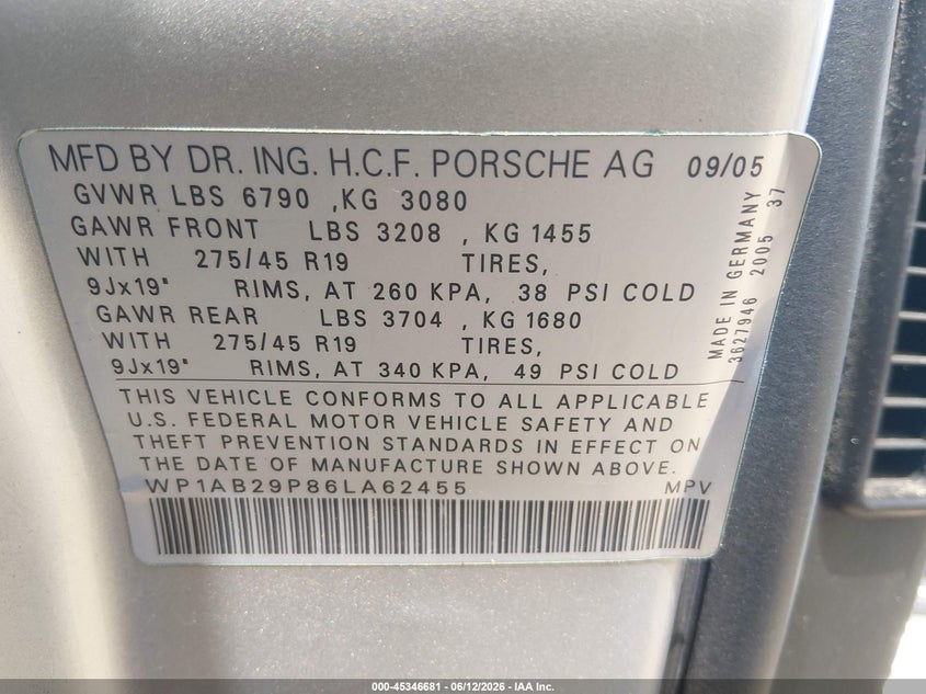 2006 Porsche Cayenne VIN WP1AB29P86LA62455 IAAI salvage auction — FRONT END, Clear (Tennessee), sold $700 on 2026-07-29 (photo 9)