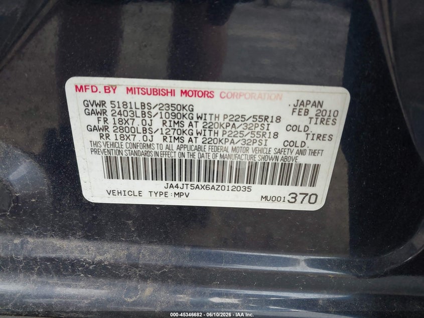 2010 Mitsubishi Outlander VIN JA4JT5AX6AZ012035 IAAI salvage auction — FRONT END, Clear (Massachusetts), sold $325 on 2026-07-08 (photo 9)
